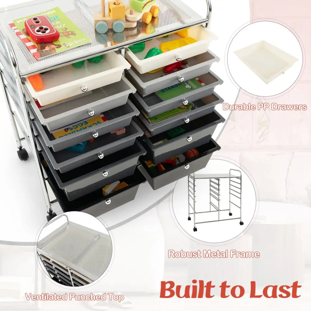 12-Drawer Rolling Storage Cart with Removable Drawers and Lockable Wheels-Gray - Gray - File Cabinets