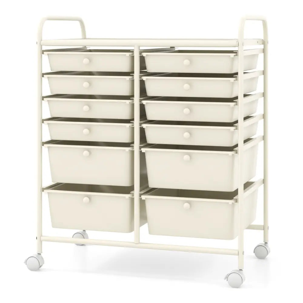 12-Drawer Rolling Storage Cart with Removable Drawers and Lockable Wheels-Beige - Beige - File Cabinets
