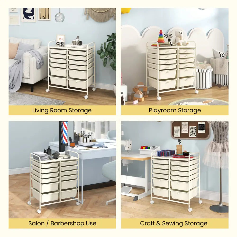 12-Drawer Rolling Storage Cart with Removable Drawers and Lockable Wheels-Beige - Beige - File Cabinets