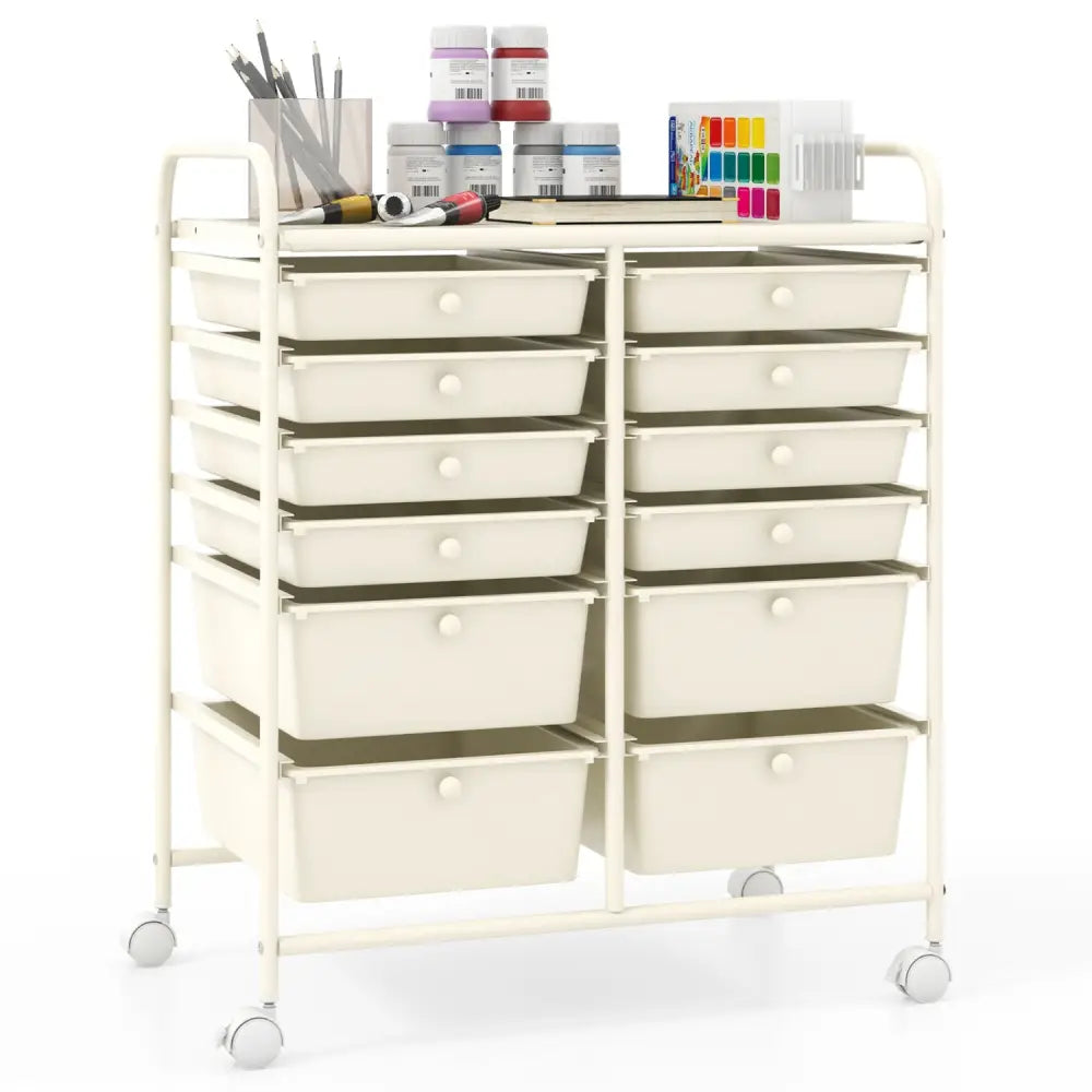 12-Drawer Rolling Storage Cart with Removable Drawers and Lockable Wheels-Beige - Beige - File Cabinets