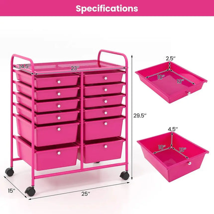 12-Drawer Rolling Storage Cart with Removable Drawers and Lockable Wheels-Rose Red Costway