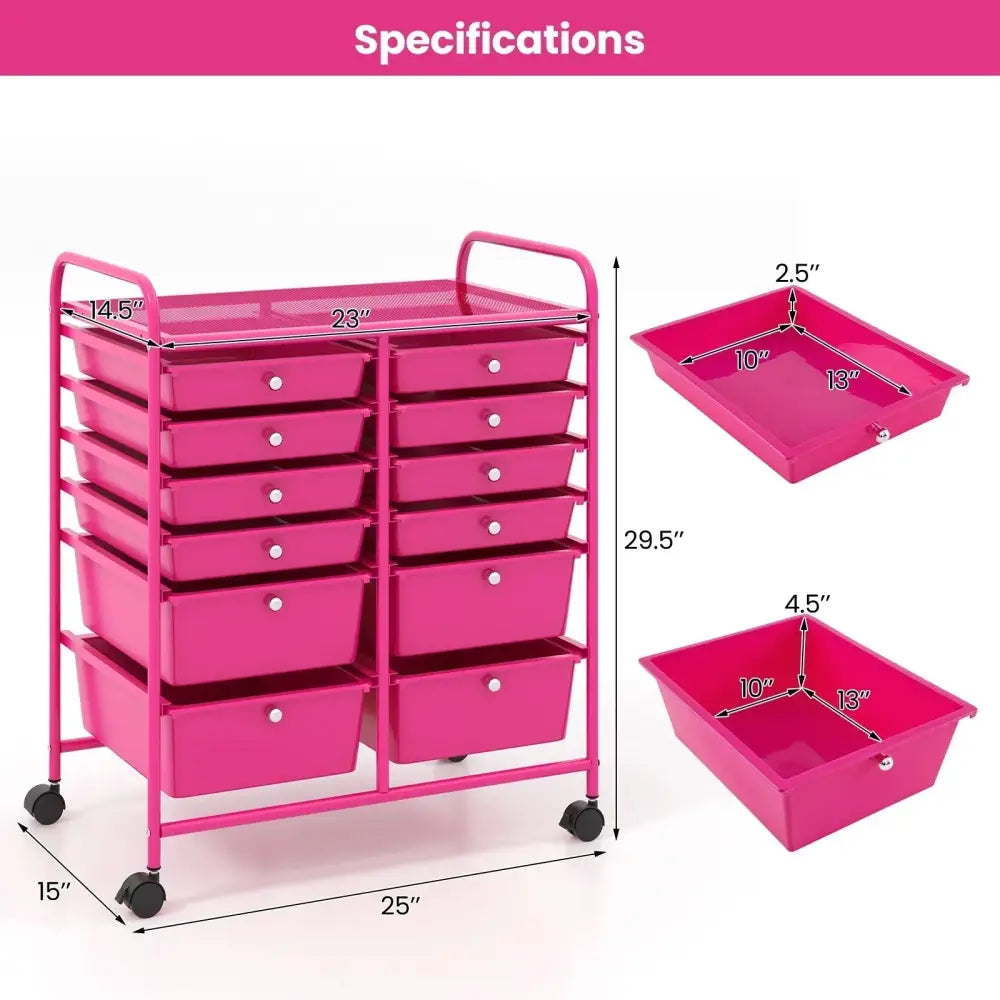 12-Drawer Rolling Storage Cart with Removable Drawers and Lockable Wheels-Rose Red Costway