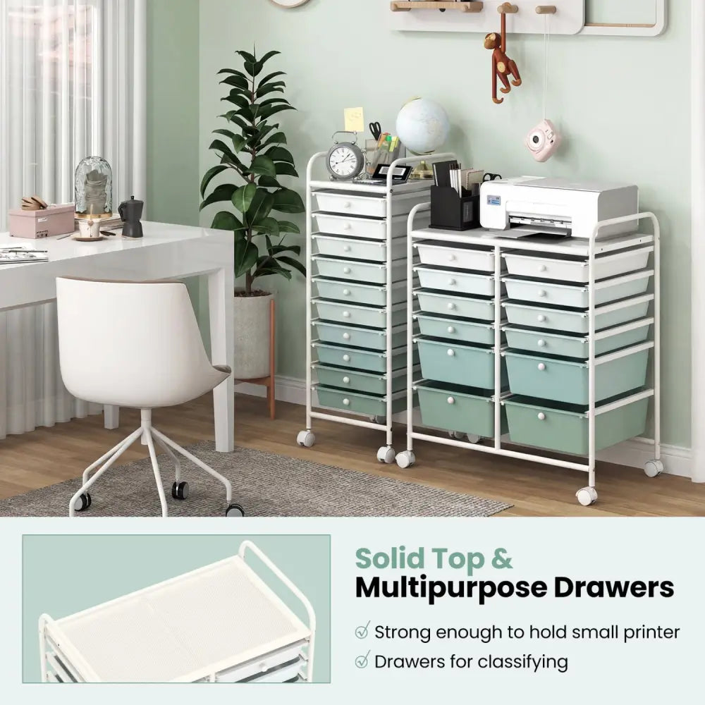 12-Drawer Rolling Storage Cart with Removable Drawers and Lockable Wheels-Green Gradient - Green Gradient - File