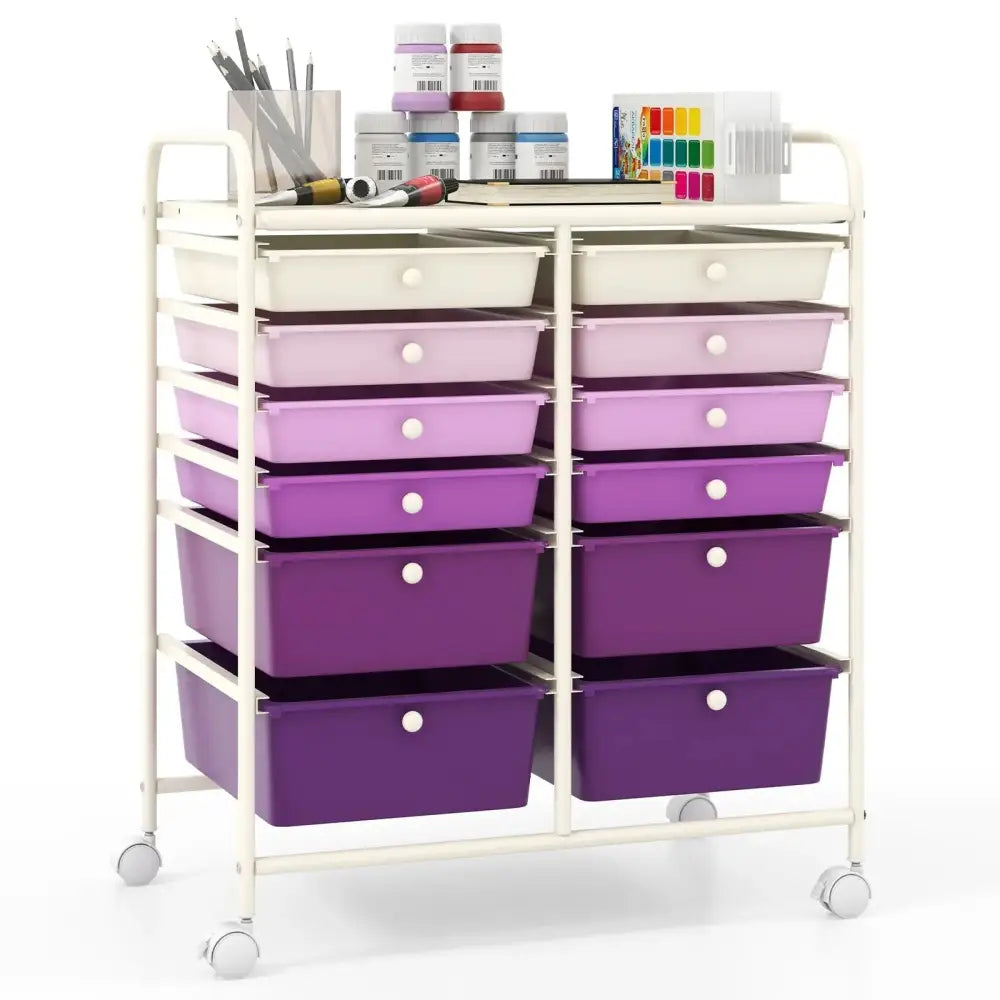 12-Drawer Rolling Storage Cart with Removable Drawers and Lockable Wheels-Purple Costway