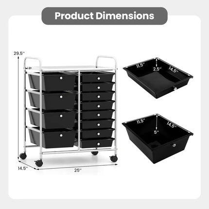 12-Drawer Utility Rolling Cart with Drawers Multi-Use Storage-Black Costway