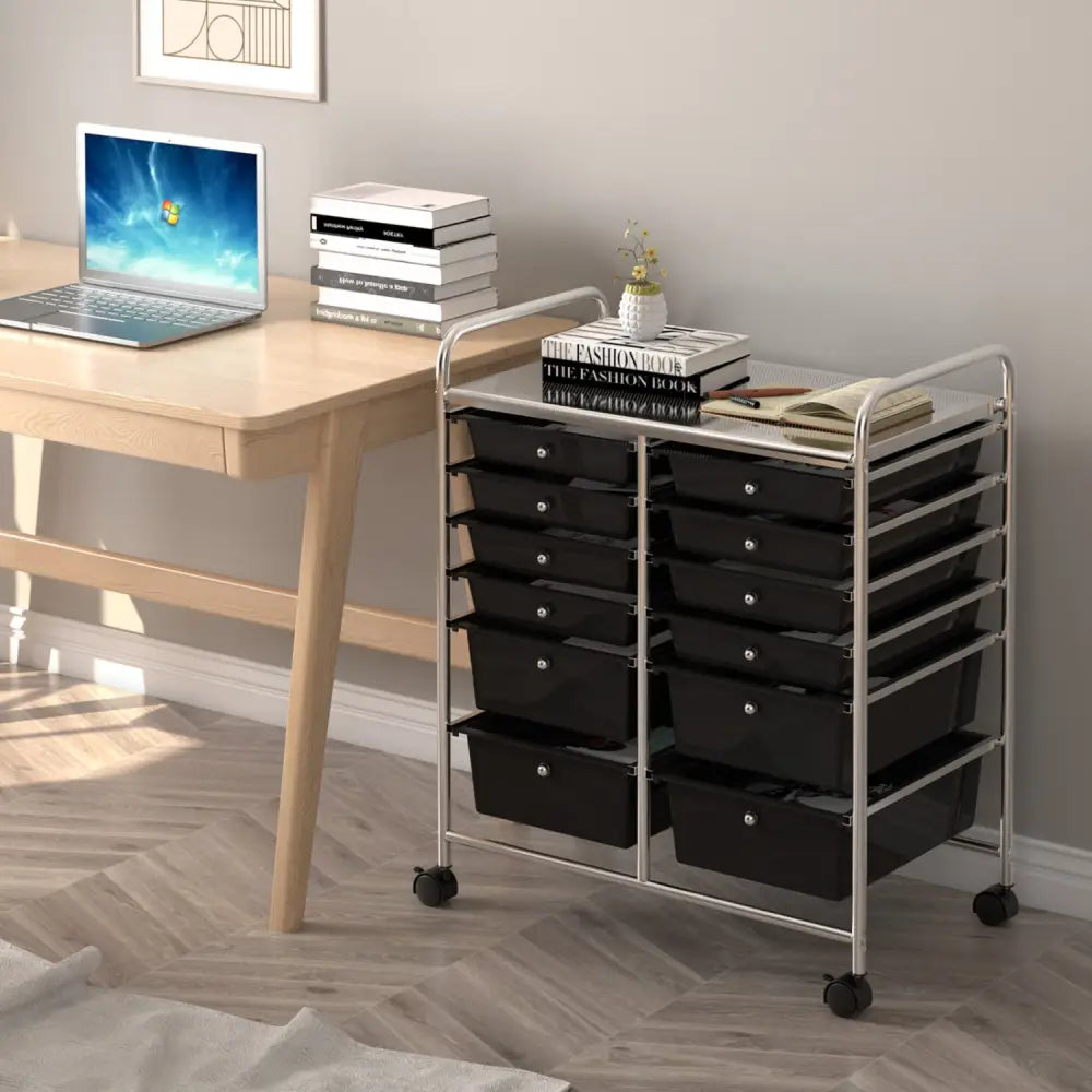 12 Drawers Rolling Cart Storage Scrapbook Paper Organizer Bins-Black - Black - File Cabinets