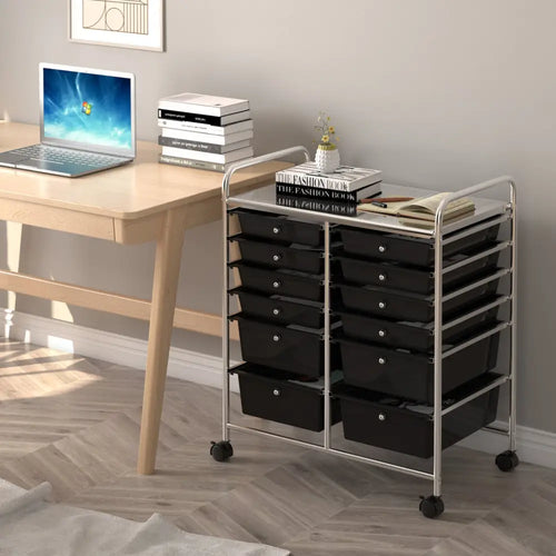 12 Drawers Rolling Cart Storage Scrapbook Paper Organizer Bins-Black - Black - File Cabinets