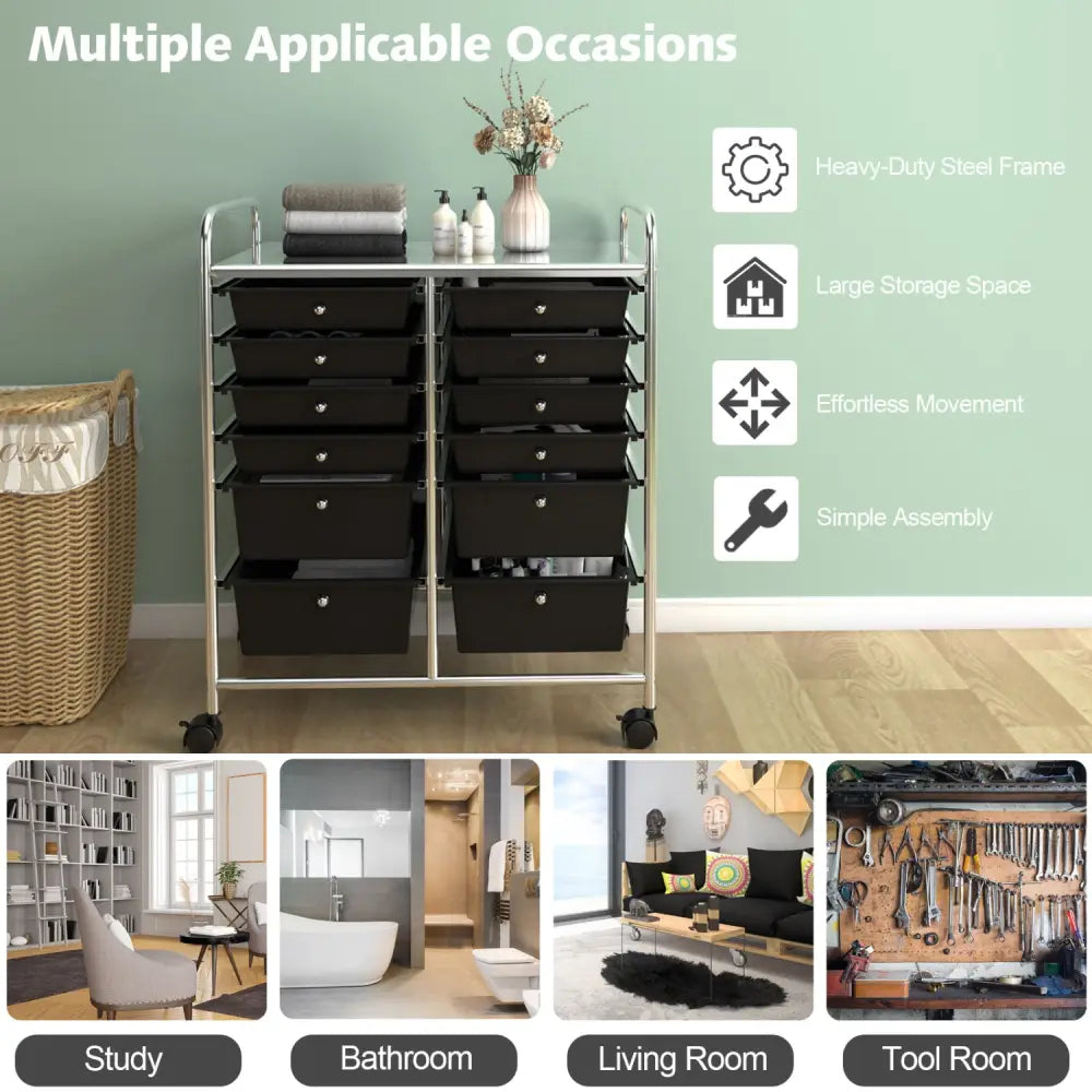 12 Drawers Rolling Cart Storage Scrapbook Paper Organizer Bins-Black - Black - File Cabinets