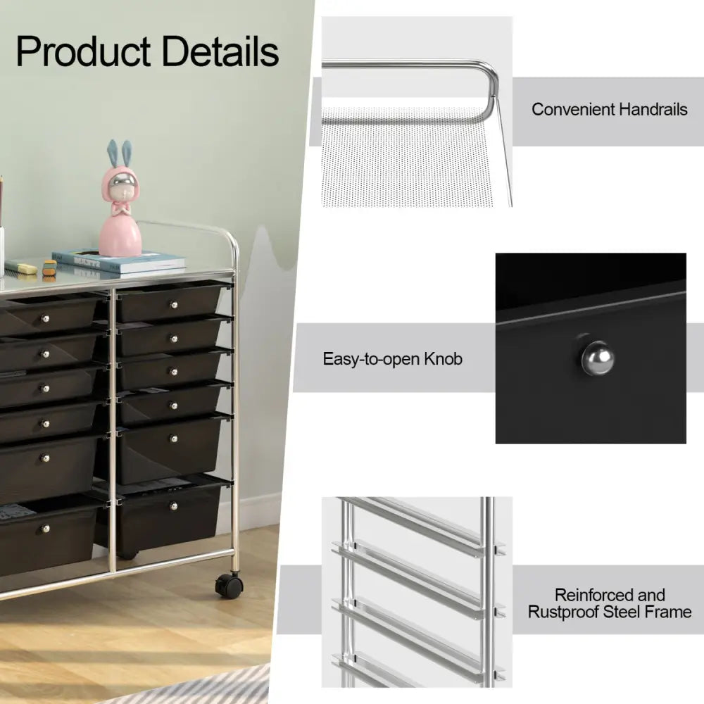 12 Drawers Rolling Cart Storage Scrapbook Paper Organizer Bins-Black - Black - File Cabinets