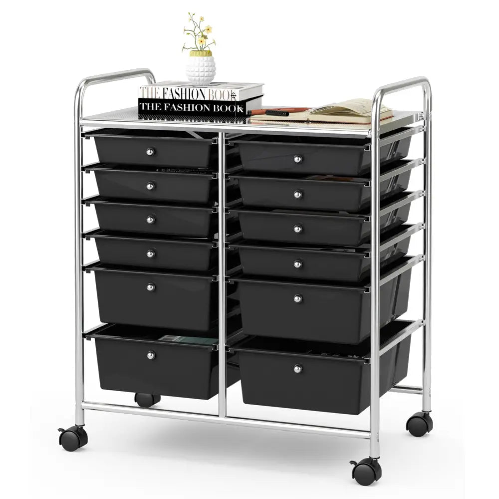 12 Drawers Rolling Cart Storage Scrapbook Paper Organizer Bins-Black - Black - File Cabinets