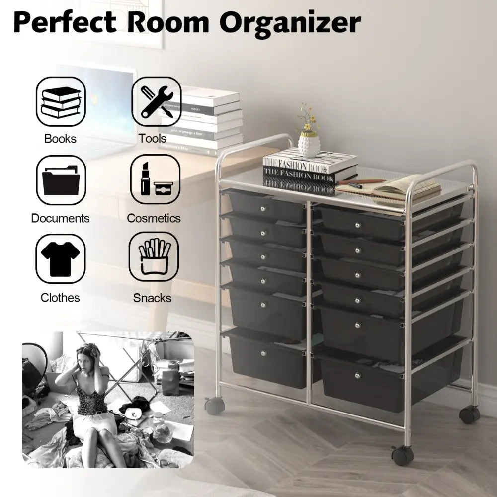 12 Drawers Rolling Cart Storage Scrapbook Paper Organizer Bins-Black - Black - File Cabinets