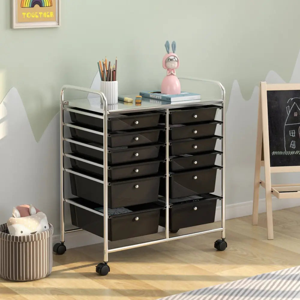 12 Drawers Rolling Cart Storage Scrapbook Paper Organizer Bins-Black - Black - File Cabinets