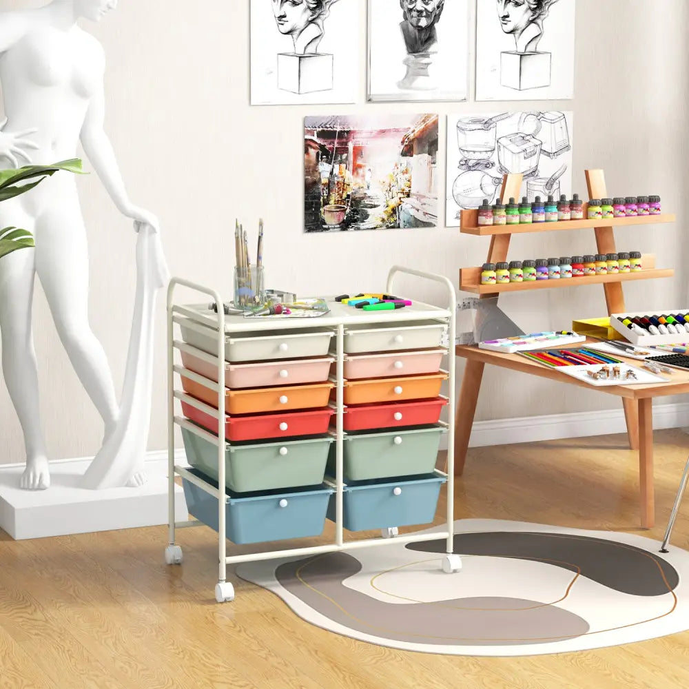 12 Drawers Rolling Cart Storage Scrapbook Paper Organizer Bins-Deep Multicolor - Deep Multicolor - File Cabinets