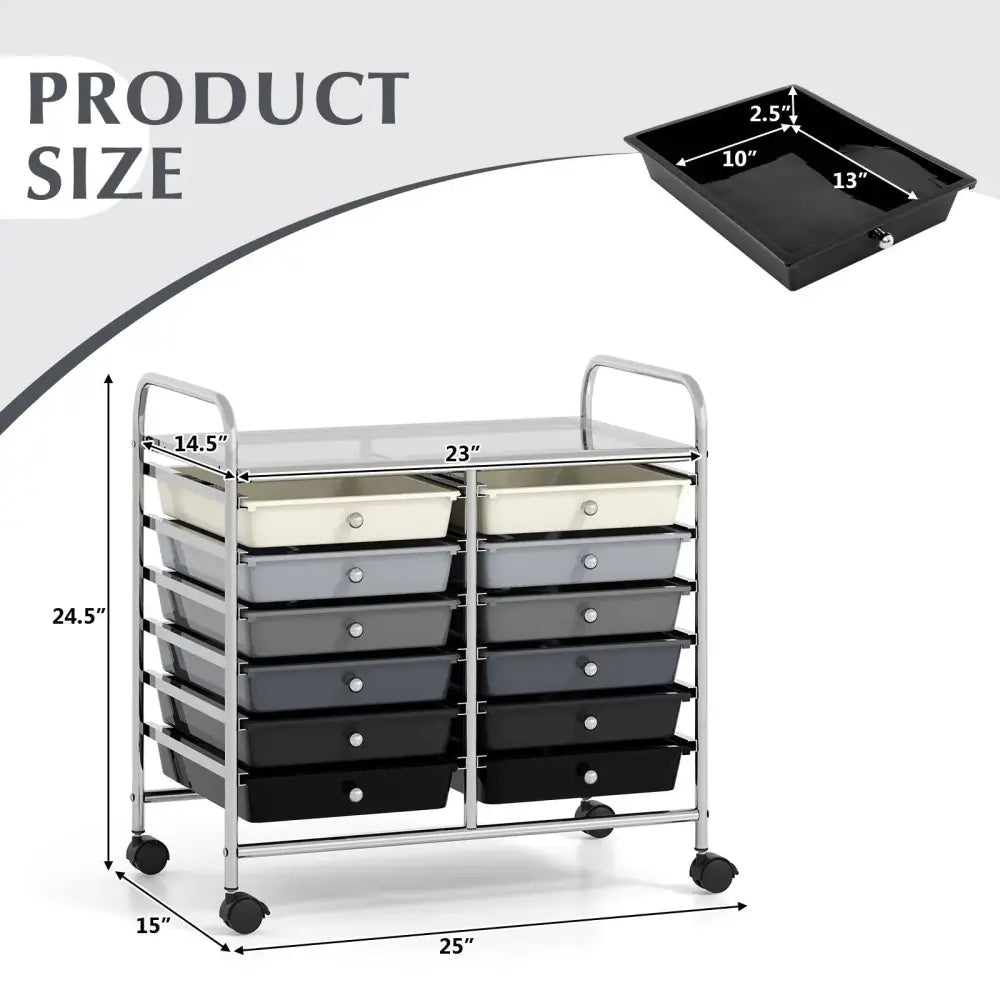 12 Drawers Rolling Storage Cart for Home and Office-Gradient Grey Costway