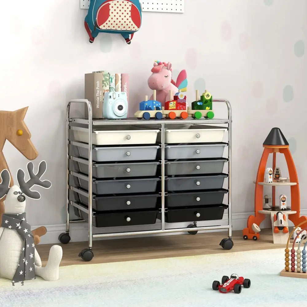 12 Drawers Rolling Storage Cart for Home and Office-Gradient Grey Costway
