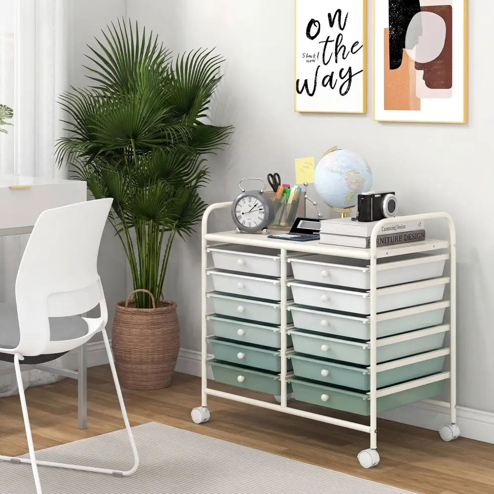 12 Drawers Rolling Storage Cart for Home and Office-Green Gradient - Green Gradient - File Cabinets