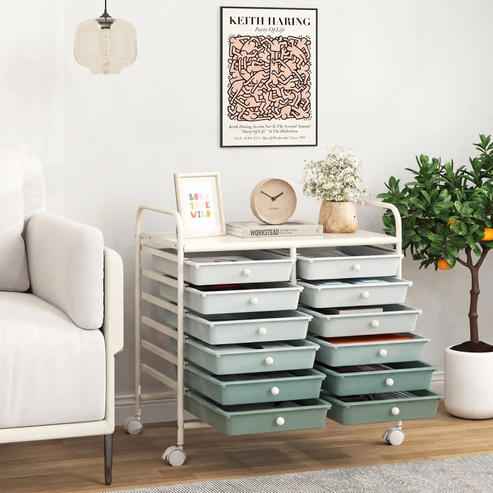 12 Drawers Rolling Storage Cart for Home and Office-Green Gradient - Green Gradient - File Cabinets