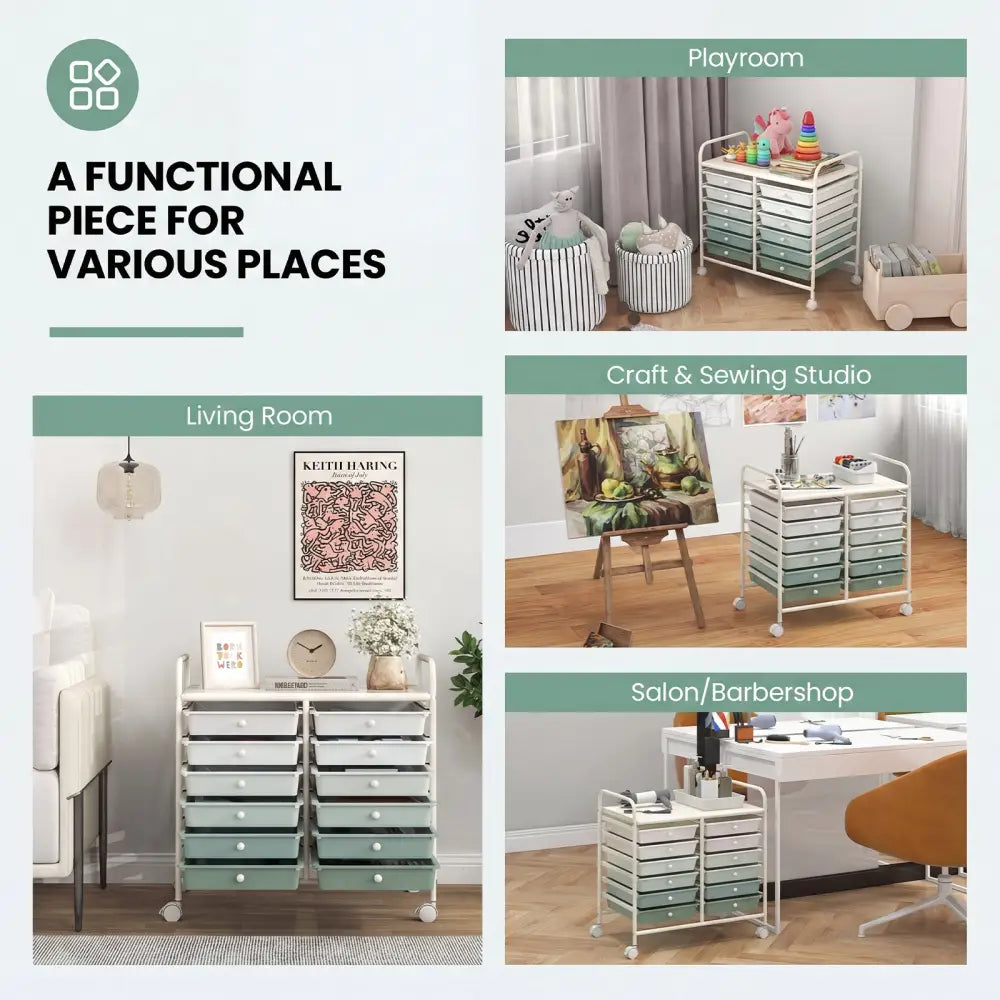 12 Drawers Rolling Storage Cart for Home and Office-Green Gradient - Green Gradient - File Cabinets
