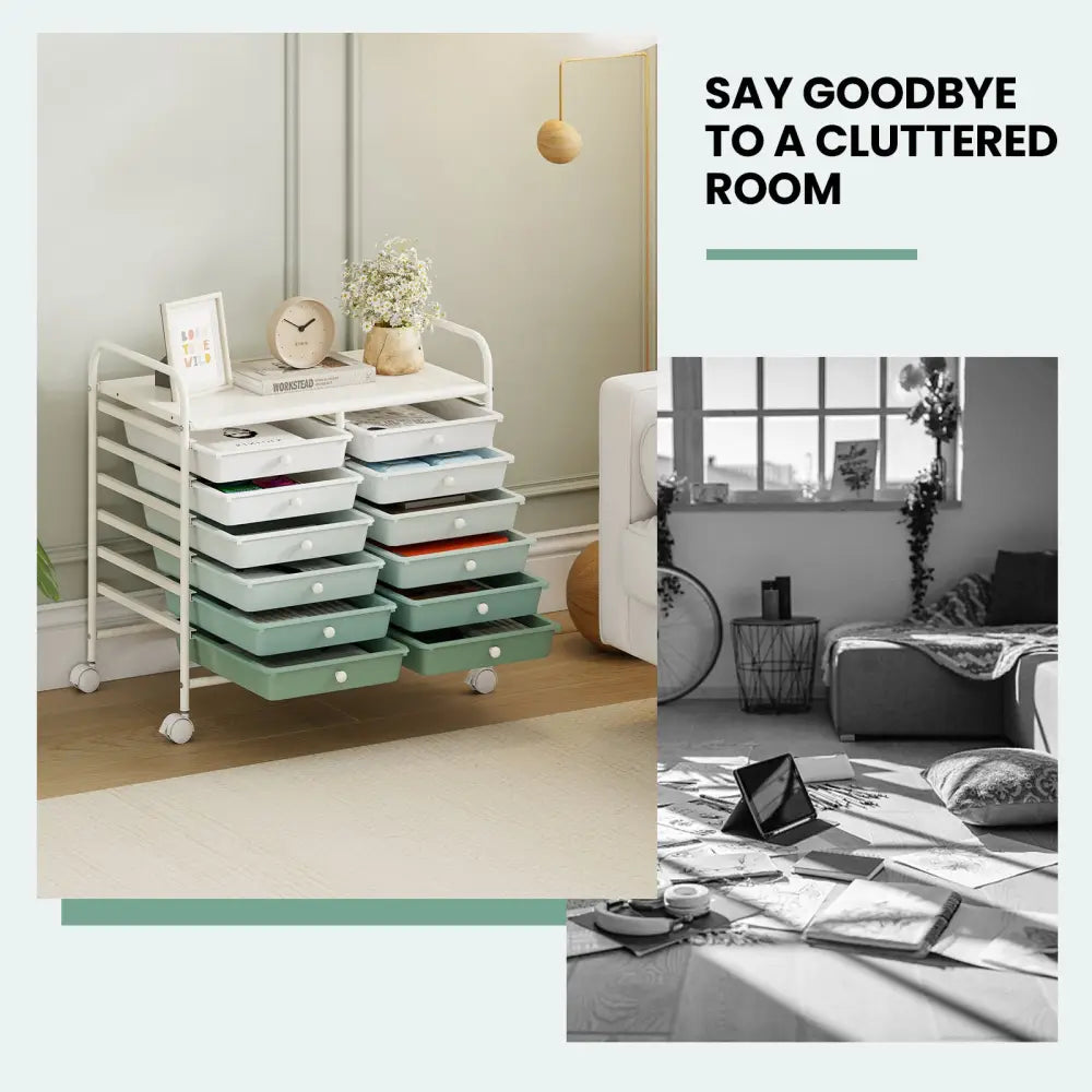 12 Drawers Rolling Storage Cart for Home and Office-Green Gradient - Green Gradient - File Cabinets