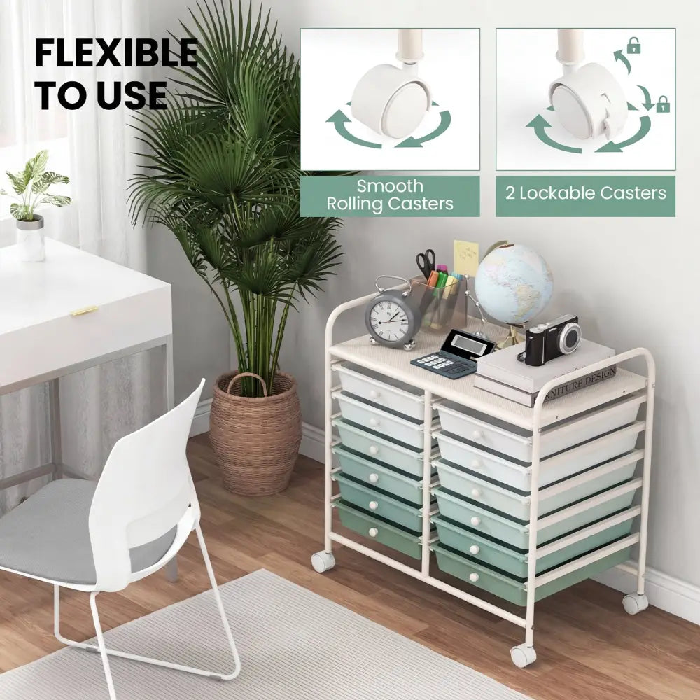 12 Drawers Rolling Storage Cart for Home and Office-Green Gradient - Green Gradient - File Cabinets