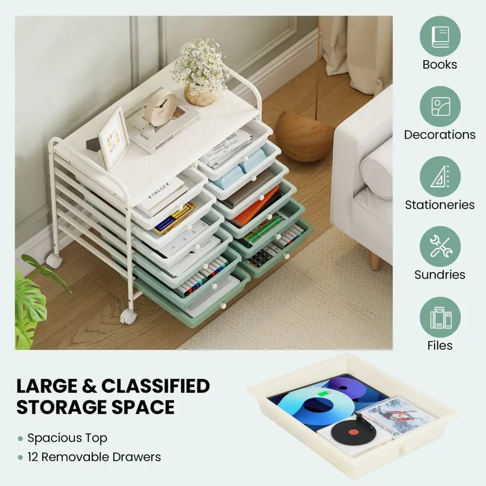 12 Drawers Rolling Storage Cart for Home and Office-Green Gradient - Green Gradient - File Cabinets