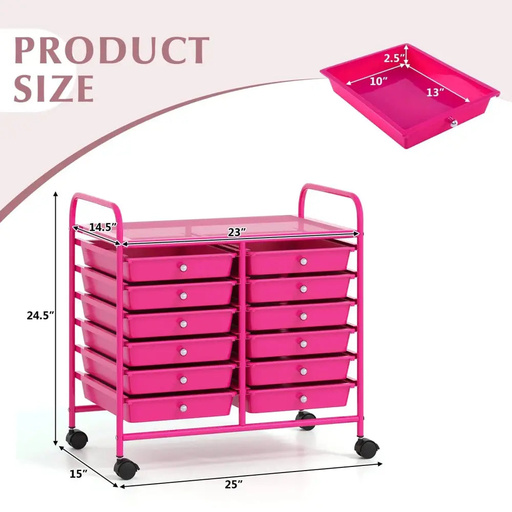 12 Drawers Rolling Storage Cart for Home and Office-Hot Pink Costway