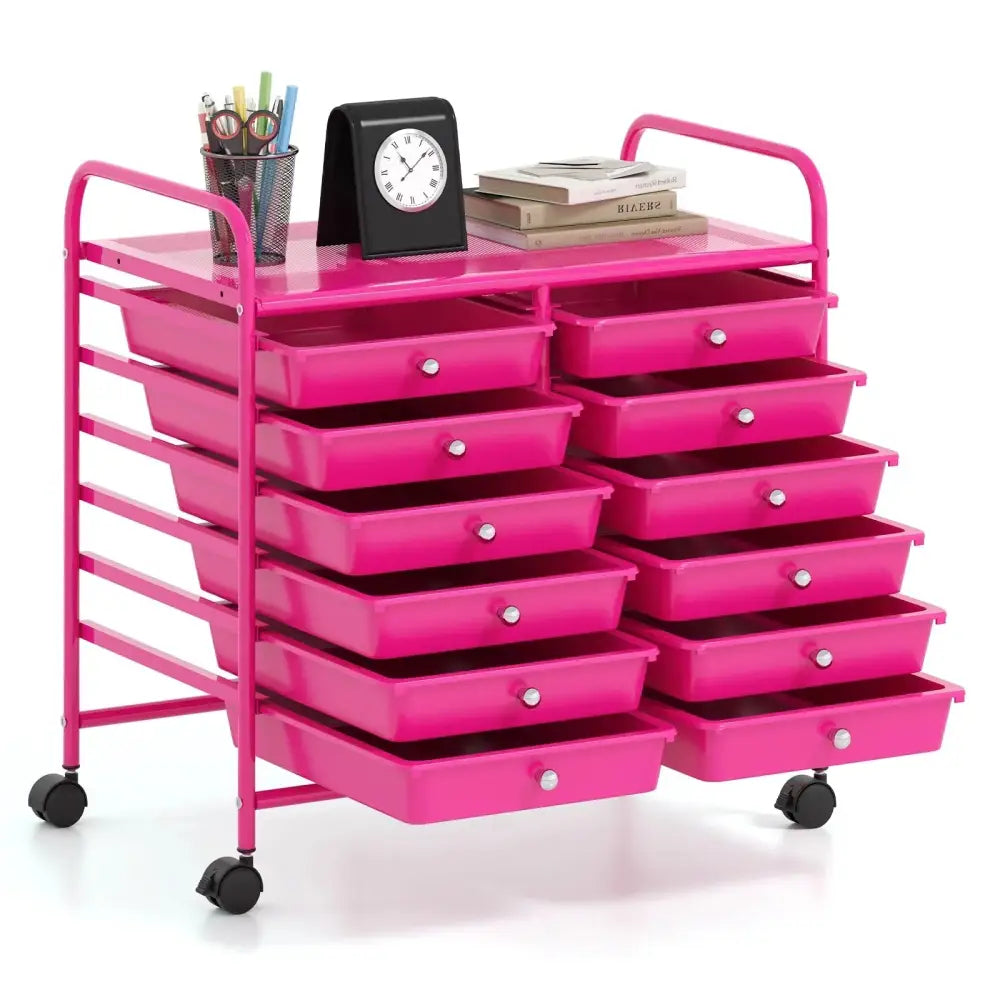 12 Drawers Rolling Storage Cart for Home and Office-Hot Pink Costway