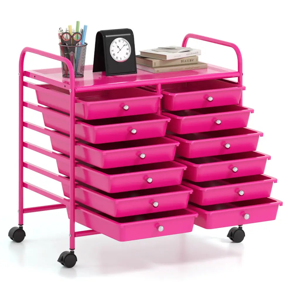12 Drawers Rolling Storage Cart for Home and Office-Hot Pink - Hot Pink - File Cabinets