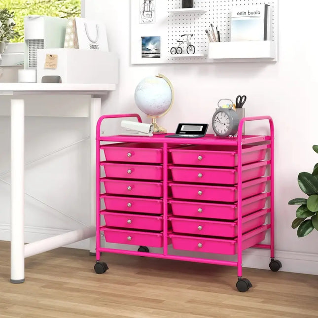 12 Drawers Rolling Storage Cart for Home and Office-Hot Pink Costway