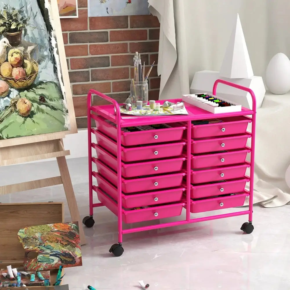 12 Drawers Rolling Storage Cart for Home and Office-Hot Pink Costway