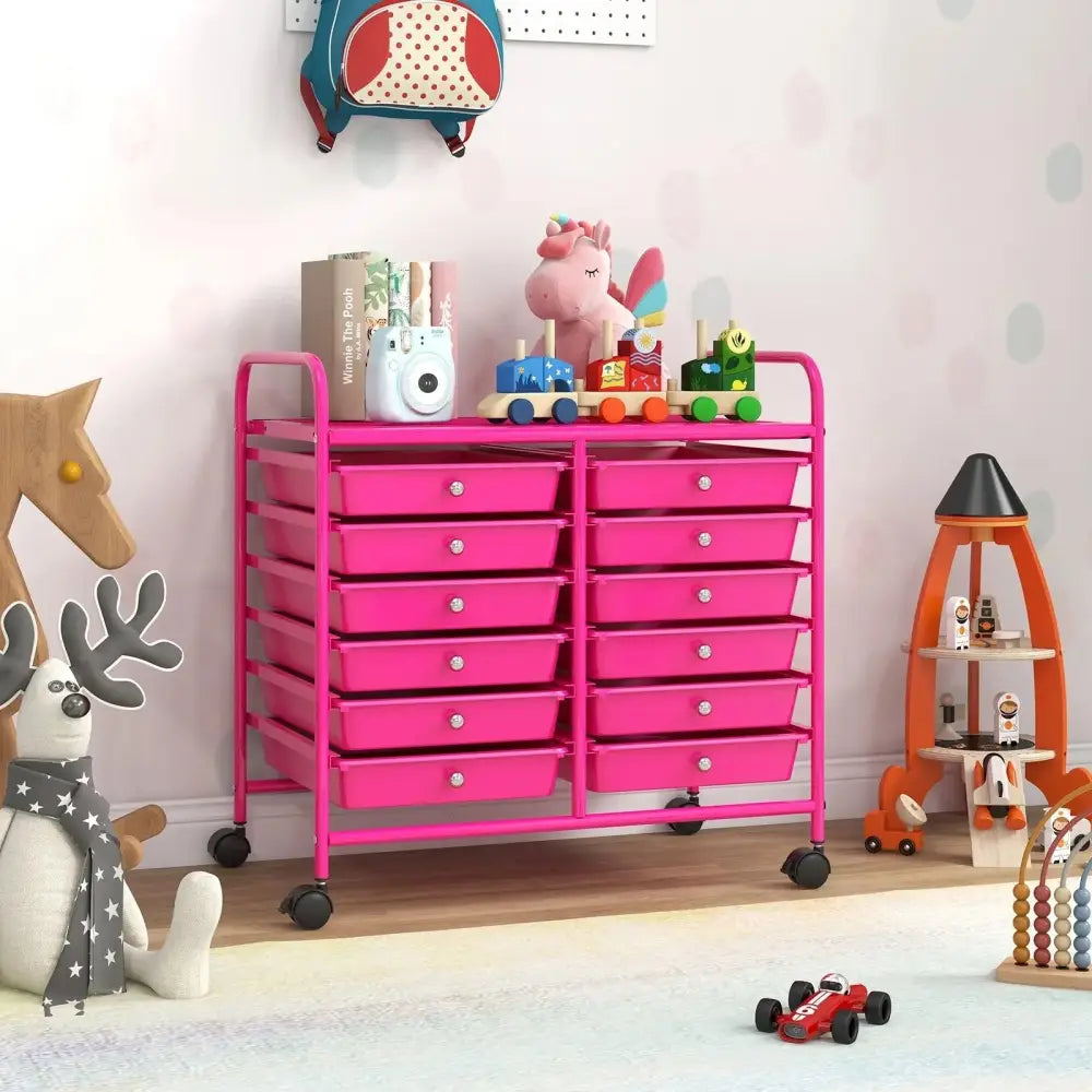12 Drawers Rolling Storage Cart for Home and Office-Hot Pink Costway