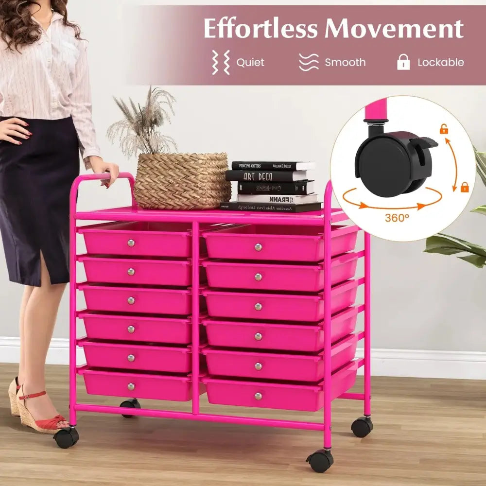 12 Drawers Rolling Storage Cart for Home and Office-Hot Pink Costway