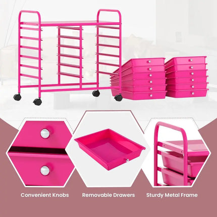 12 Drawers Rolling Storage Cart for Home and Office-Hot Pink Costway