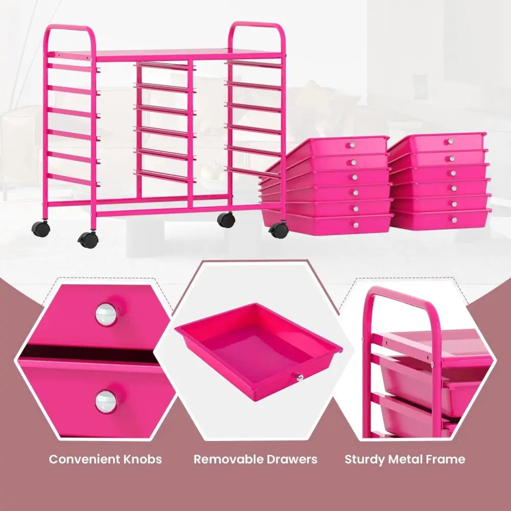 12 Drawers Rolling Storage Cart for Home and Office-Hot Pink Costway