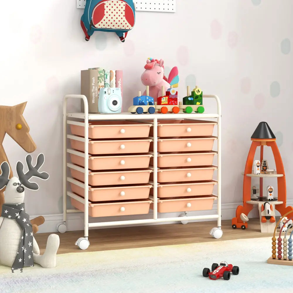 12 Drawers Rolling Storage Cart for Home and Office-Peach - Peach - File Cabinets