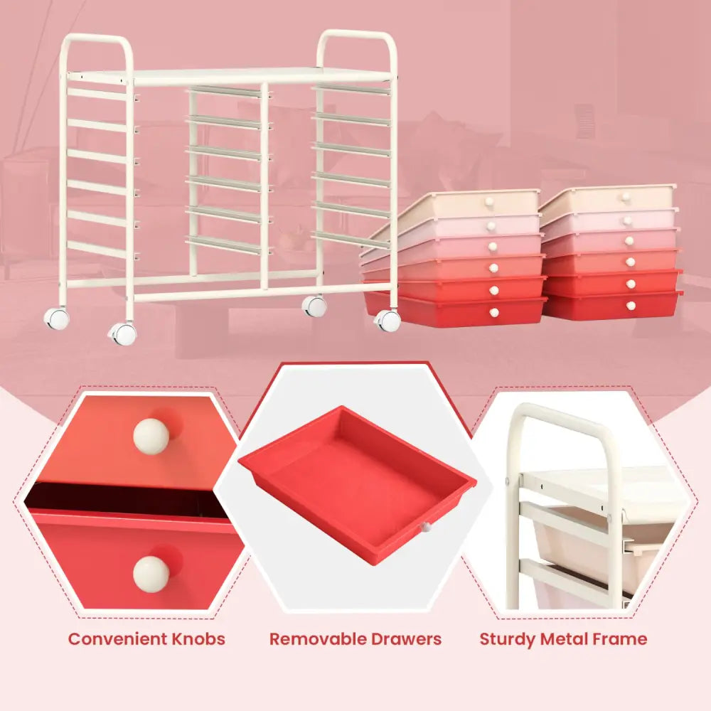 12 Drawers Rolling Storage Cart for Home and Office-Pink - Pink - File Cabinets