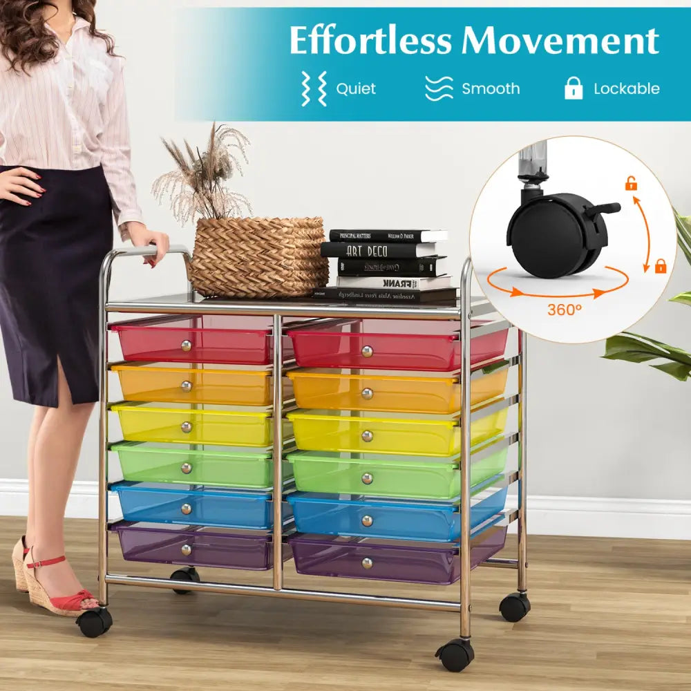 12 Drawers Rolling Storage Cart for Home and Office-Transparent Multicolor - Transparent Multicolor - File Cabinets