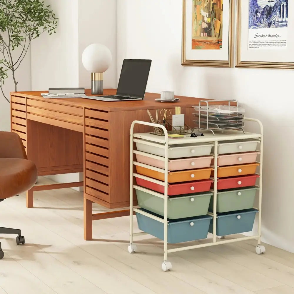 12 Drawers Rolling Storage Cart with Metal Frame and Lockable Wheels-Deep Multicolor Costway
