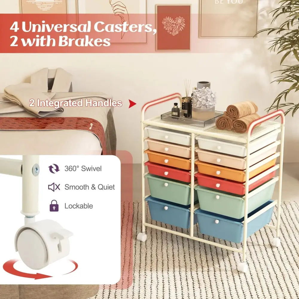 12 Drawers Rolling Storage Cart with Metal Frame and Lockable Wheels-Deep Multicolor Costway