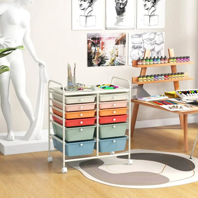 12 Drawers Rolling Storage Cart with Metal Frame and Lockable Wheels-Deep Multicolor Costway