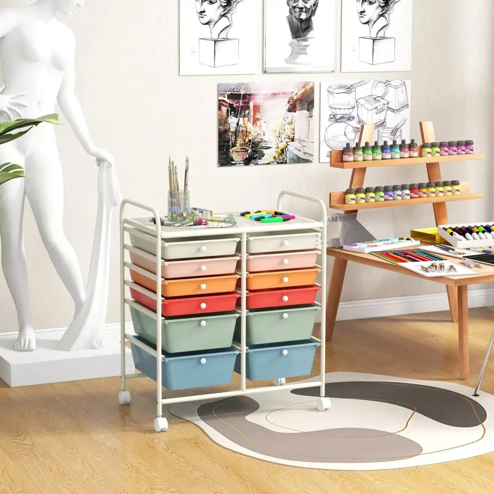 12 Drawers Rolling Storage Cart with Metal Frame and Lockable Wheels-Deep Multicolor Costway