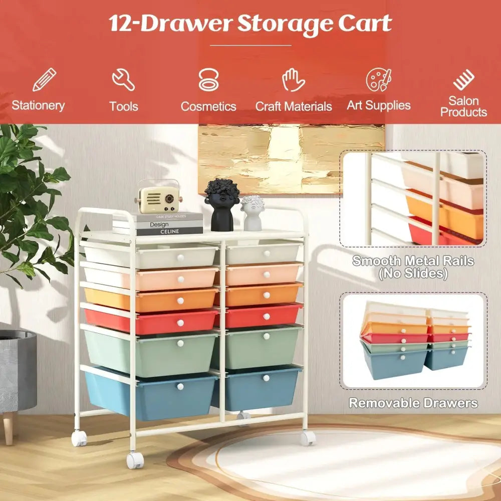 12 Drawers Rolling Storage Cart with Metal Frame and Lockable Wheels-Deep Multicolor Costway