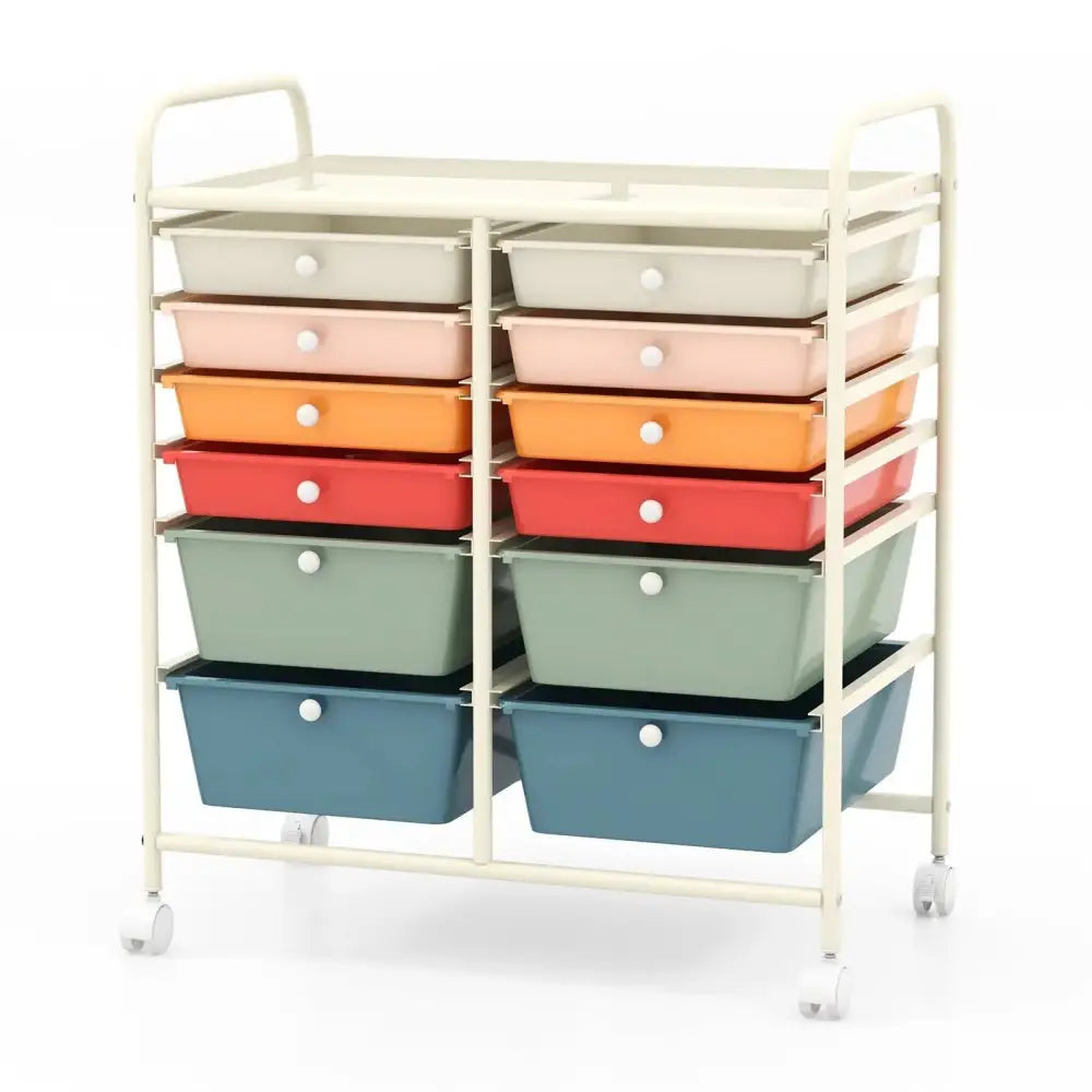 12 Drawers Rolling Storage Cart with Metal Frame and Lockable Wheels-Deep Multicolor Costway