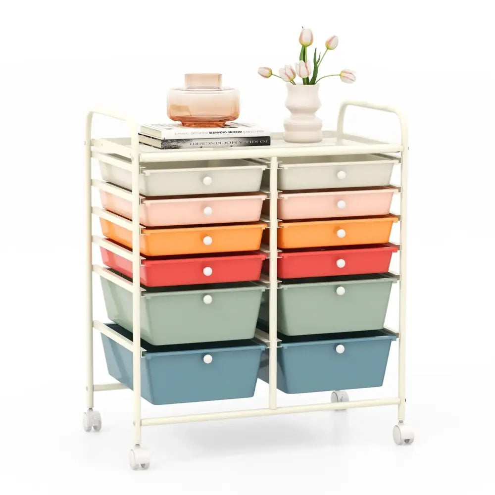 12 Drawers Rolling Storage Cart with Metal Frame and Lockable Wheels-Deep Multicolor Costway
