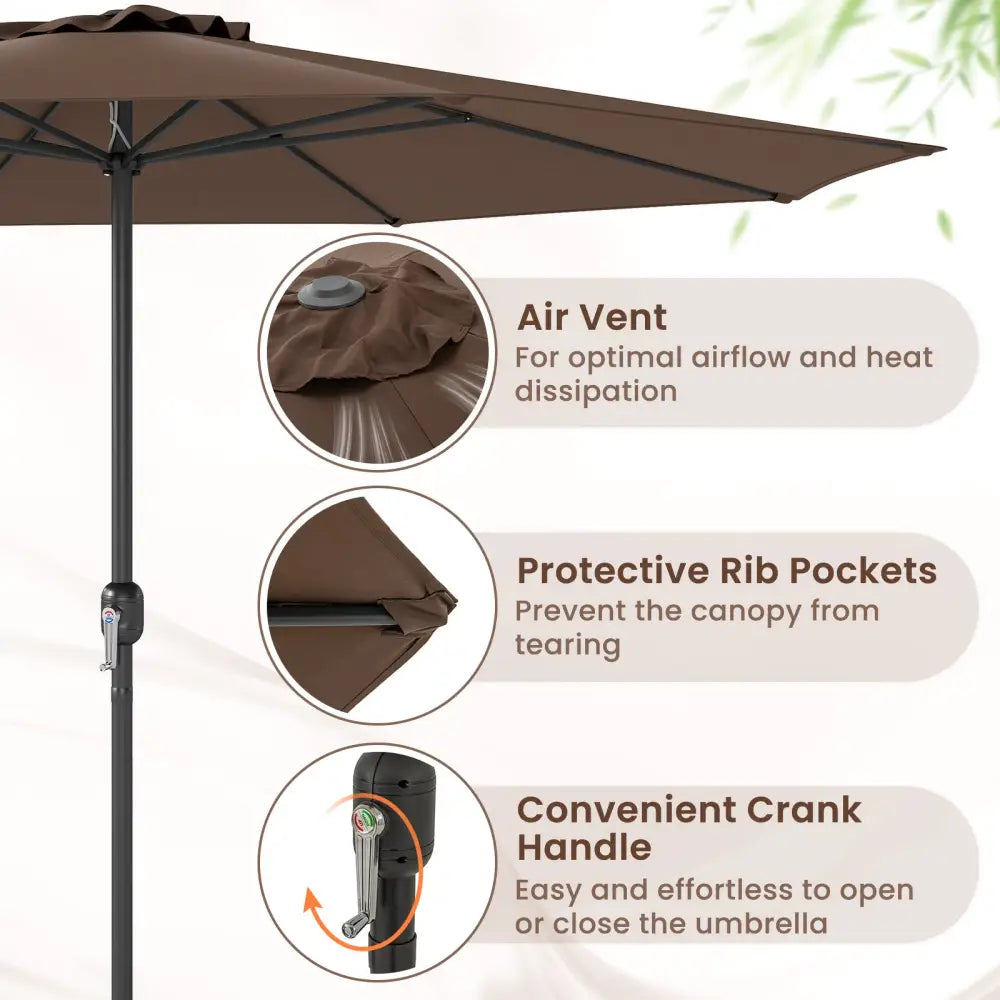 12 Feet Patio Umbrella with Crank Handle and 8 Sturdy Ribs-Coffee - Coffee - Outdoor Umbrellas