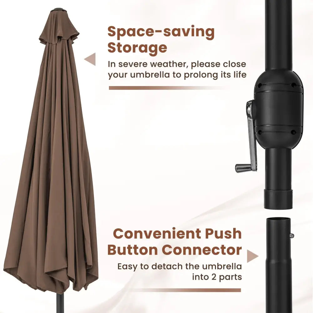 12 Feet Patio Umbrella with Crank Handle and 8 Sturdy Ribs-Coffee - Coffee - Outdoor Umbrellas