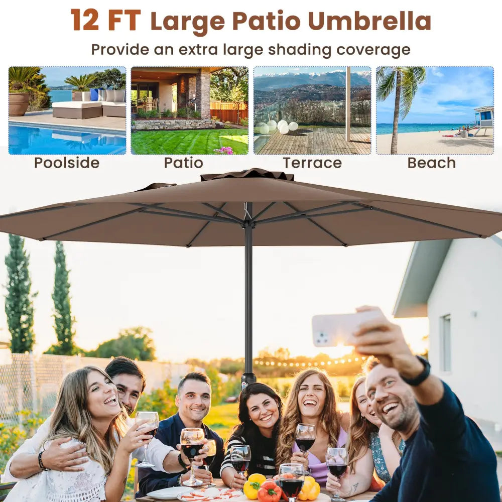 12 Feet Patio Umbrella with Crank Handle and 8 Sturdy Ribs-Coffee - Coffee - Outdoor Umbrellas
