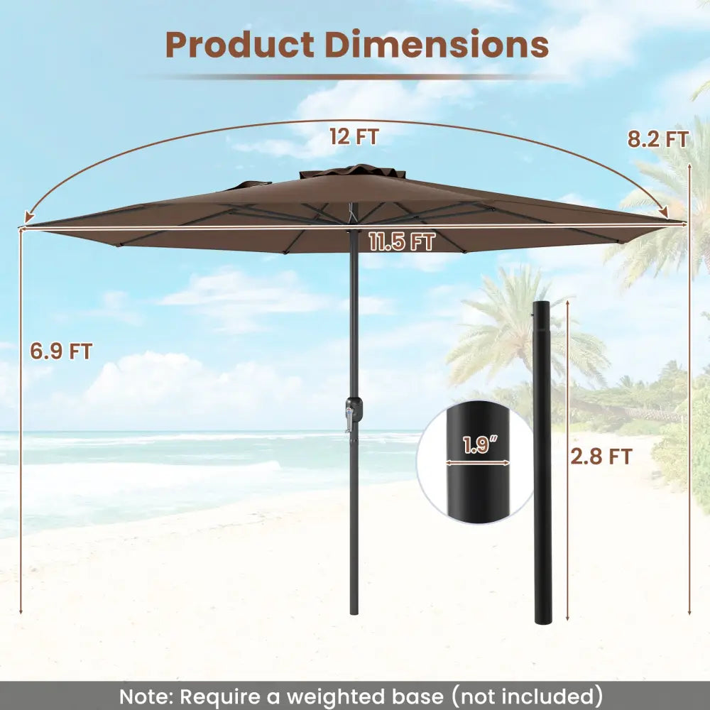 12 Feet Patio Umbrella with Crank Handle and 8 Sturdy Ribs-Coffee - Coffee - Outdoor Umbrellas