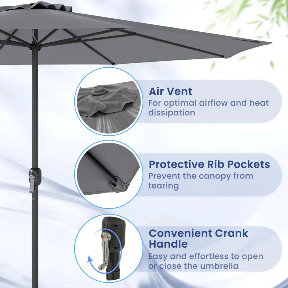 12 Feet Patio Umbrella with Crank Handle and 8 Sturdy Ribs-Gray - Gray - Outdoor Umbrellas