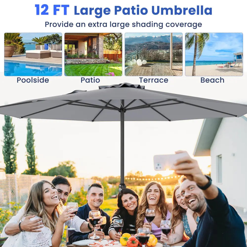 12 Feet Patio Umbrella with Crank Handle and 8 Sturdy Ribs-Gray - Gray - Outdoor Umbrellas